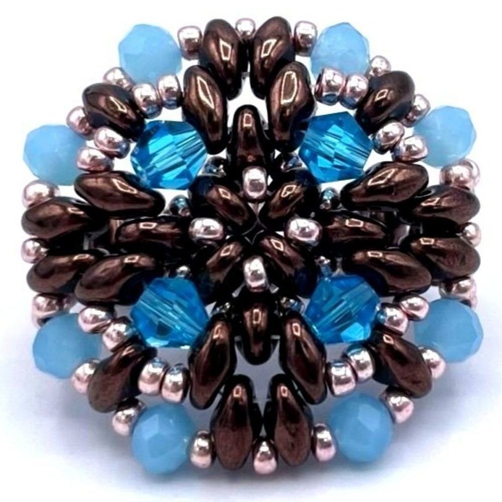 Bronze with Blue Opal and Blue Sapphire Crystal Beaded Statement Ring Size 6